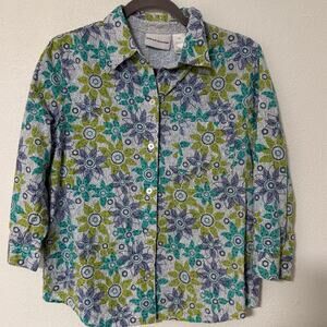 Alfred Dunner 100%Cotton Floral Textured Button Up Top Size 14